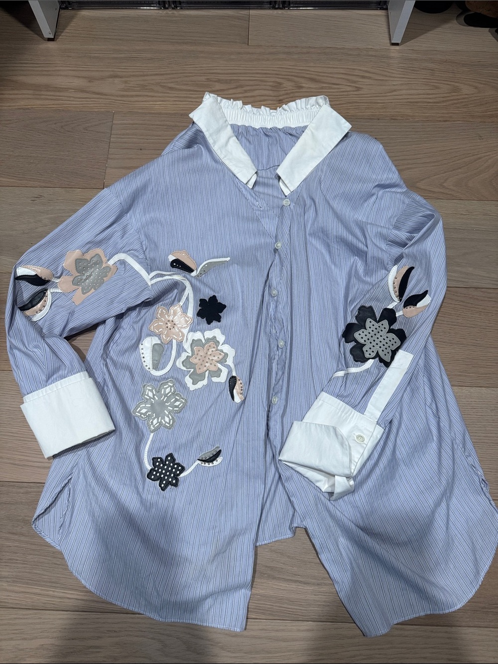 Tod's Leather Appliqué Blue Striped Button-Up Shirt